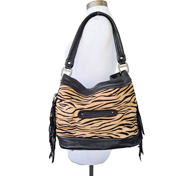B MAKOWSKI Calf Hair Tan Black Zebra Fringe Leather Hobo Shoulder Bag EUC - Picture 2 of 10